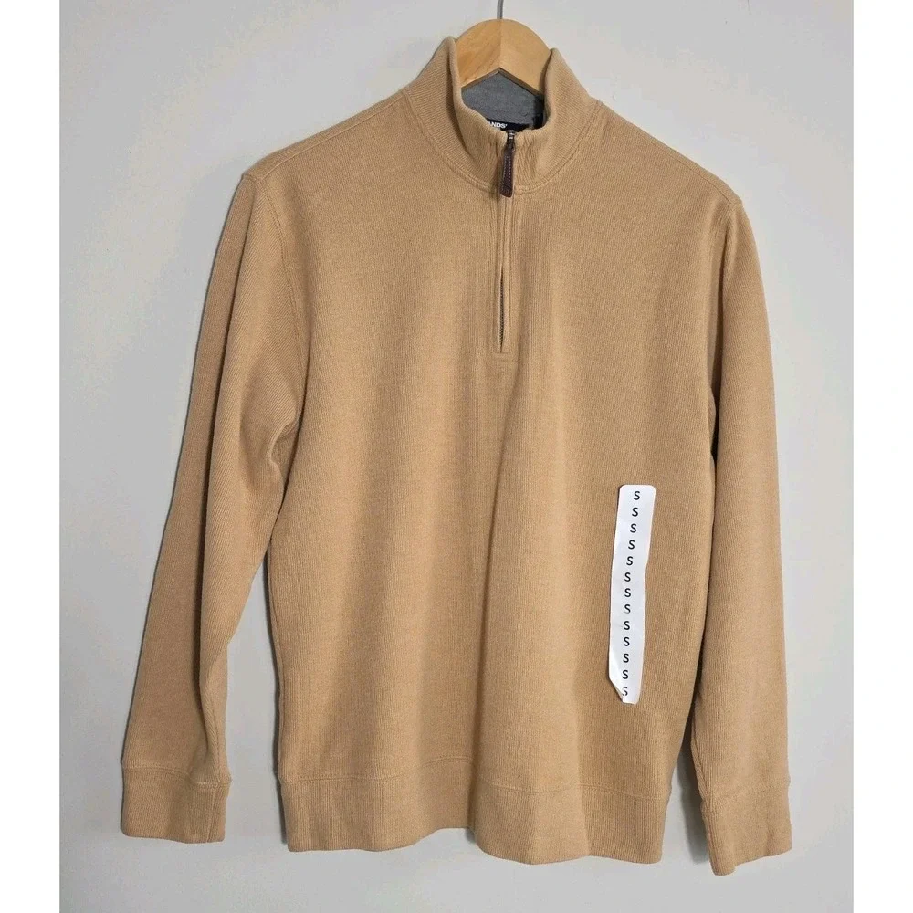 Lands End Mens Small Quarter Zip Pullover Sweater Tan Cotton Blend Casual